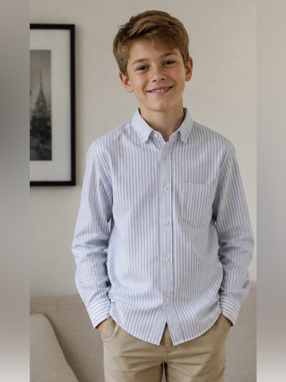 J.Crew Crewcuts Thomas Mason Blue & White Striped Button-Up Shirt Size 14 BOYS - Picture 3 of 7